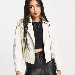 White Cream Cropped Leather Moto Jacket